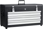 Three-tier lockable metal toolbox, robust construction, providing a compact storage solution for workshops and garages.