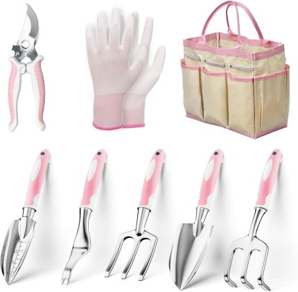 Pink eight-piece stainless steel gardening tool set with portable storage bag, for an easy gardening experience.