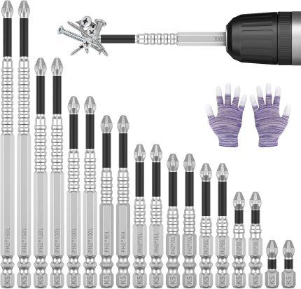 18Pcs High Magnetic Screwdriver Drill Bit Set, Impact Resistant Non Slip Bit, Strong Magnetic Durability Screwdriver Bits for Electric Screwdrivers Rusted Screws, 25 50 65 70 75 90 100 120 150mm